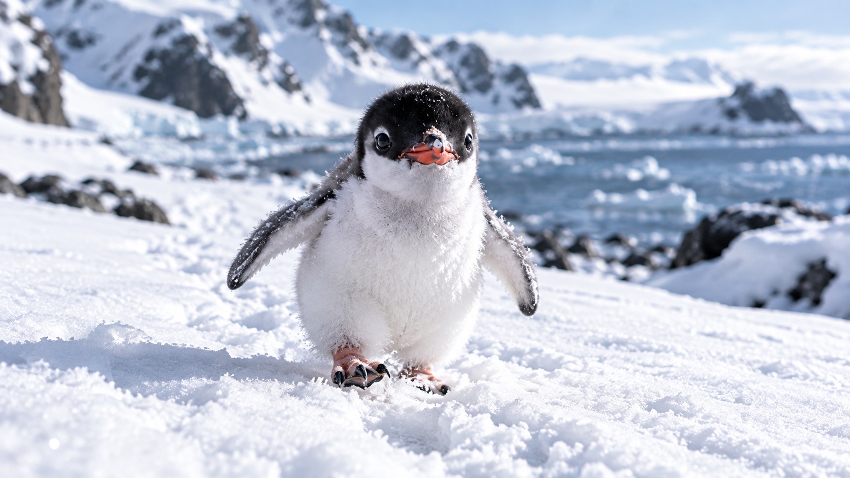 A young penguin standing on snow beside Antarctic water